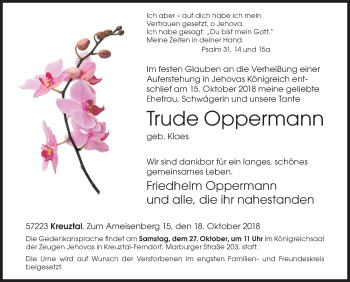 Traueranzeige von Trude Oppermann von Siegener Zeitung