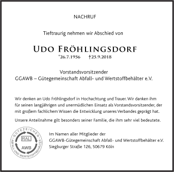 Traueranzeige von Udo Fröhlingsdorf von Siegener Zeitung