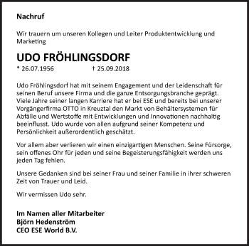 Traueranzeige von Udo Fröhlingsdorf von Siegener Zeitung