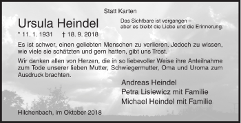 Traueranzeige von Ursula Heindel von Siegener Zeitung