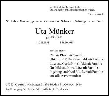Traueranzeige von Uta Münker von Siegener Zeitung