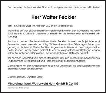 Traueranzeige von Walter Feckler von Siegener Zeitung