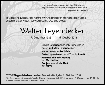 Traueranzeige von Walter Leyendecker von Siegener Zeitung