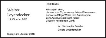 Traueranzeige von Walter Leyendecker von Siegener Zeitung