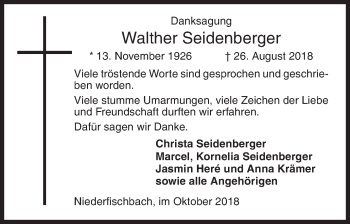 Traueranzeige von Walther Seidenberger von Siegener Zeitung