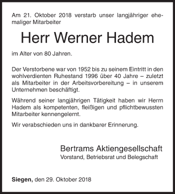 Traueranzeige von Werner Hadem von Siegener Zeitung