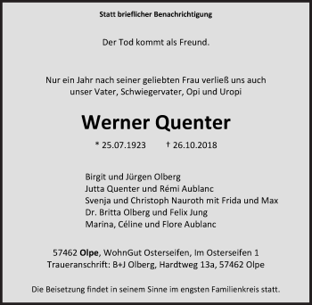 Traueranzeige von Werner Quenter von Siegener Zeitung