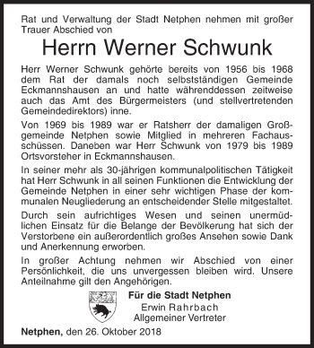 Traueranzeige von Werner Schwunk von Siegener Zeitung