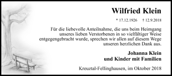 Traueranzeige von Wilfried Klein von Siegener Zeitung
