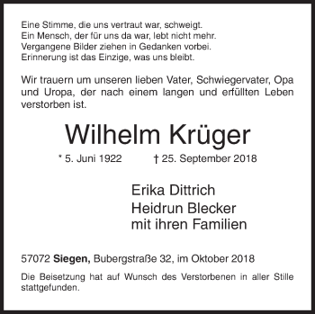 Traueranzeige von Wilhelm Krüger von Siegener Zeitung