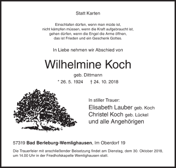Traueranzeige von Wilhelmine Koch von Siegener Zeitung