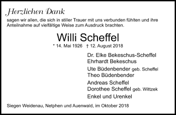 Traueranzeige von Willi Scheffel von Siegener Zeitung