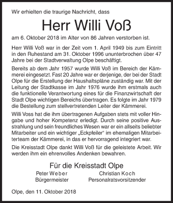 Traueranzeige von Willi Voß von Siegener Zeitung