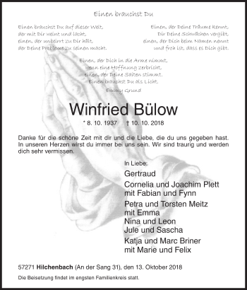Traueranzeige von Winfried Bülow von Siegener Zeitung