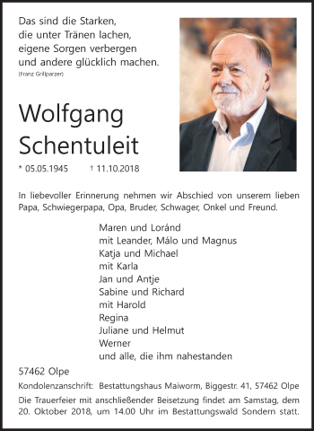 Traueranzeige von Wolfgang Schentuleit von Siegener Zeitung