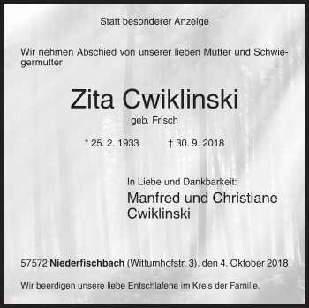 Traueranzeige von Zita Cwiklinski von Siegener Zeitung