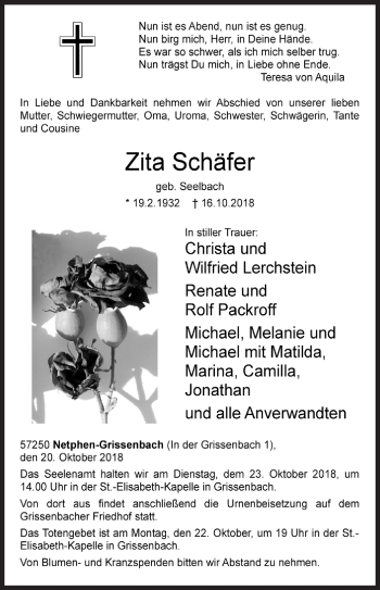 Traueranzeige von Zita Schöfer von Siegener Zeitung