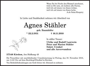 Traueranzeige von Agnes Stähler von Siegener Zeitung