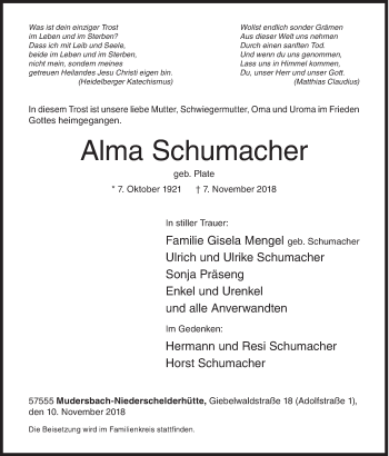 Traueranzeige von Alma Schumacher von Siegener Zeitung