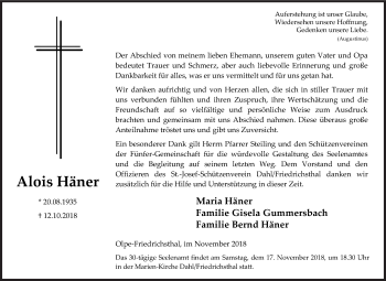 Traueranzeige von Alois Häner von Siegener Zeitung
