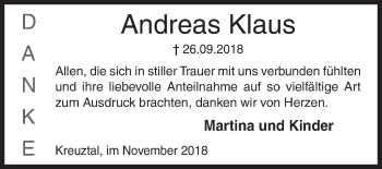 Traueranzeige von Andreas Klaus von Siegener Zeitung