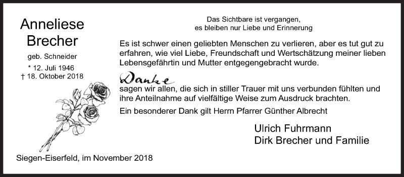  Traueranzeige für Anneliese Brecher vom 24.11.2018 aus Siegener Zeitung