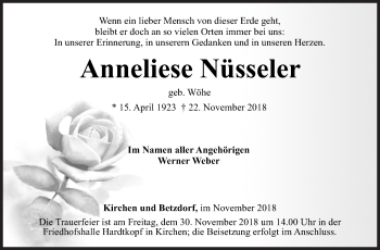 Traueranzeige von Anneliese Nüsseler von Siegener Zeitung