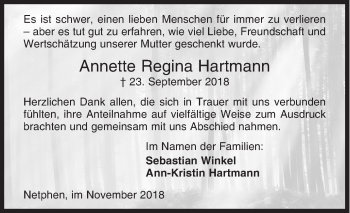 Traueranzeige von Annette Regina Hartmann von Siegener Zeitung