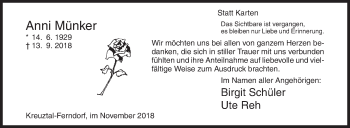 Traueranzeige von Anni Münker von Siegener Zeitung