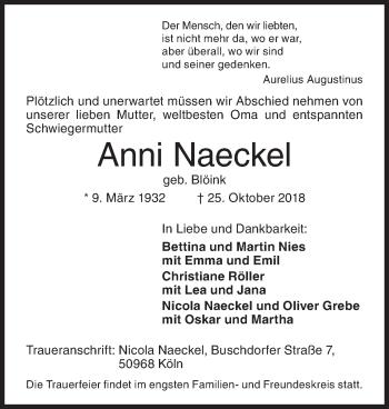 Traueranzeige von Anni Naeckel von Siegener Zeitung