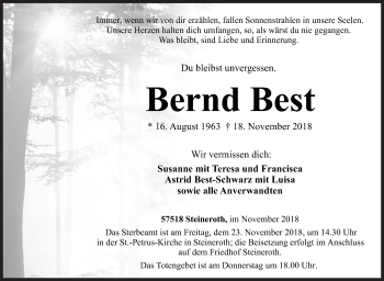 Traueranzeige von Bernd Best von Siegener Zeitung