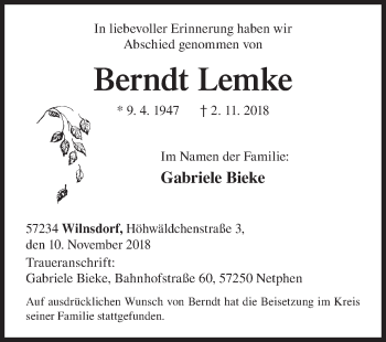 Traueranzeige von Berndt Lemke von Siegener Zeitung