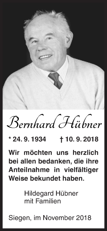 Traueranzeige von Bernhard Hübner von Siegener Zeitung