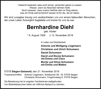 Traueranzeige von Bernhardine Diehl von Siegener Zeitung
