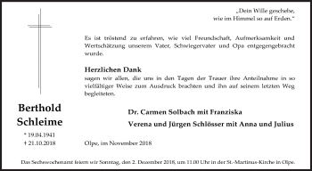 Traueranzeige von Berthold Schleime von Siegener Zeitung