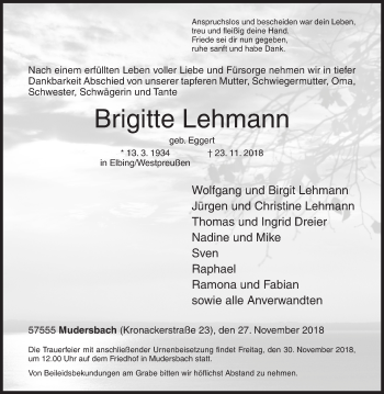 Traueranzeige von Brigitte Lehmann von Siegener Zeitung