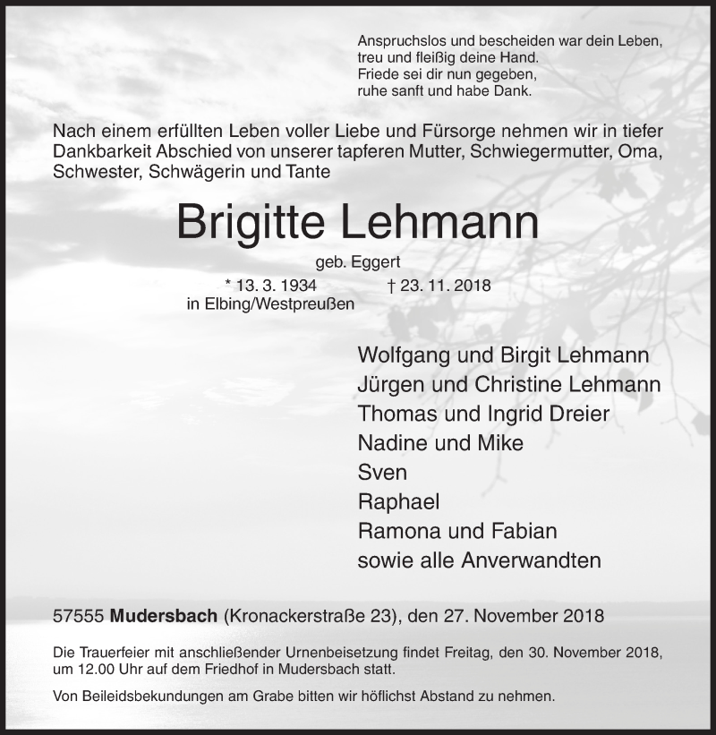  Traueranzeige für Brigitte Lehmann vom 27.11.2018 aus Siegener Zeitung