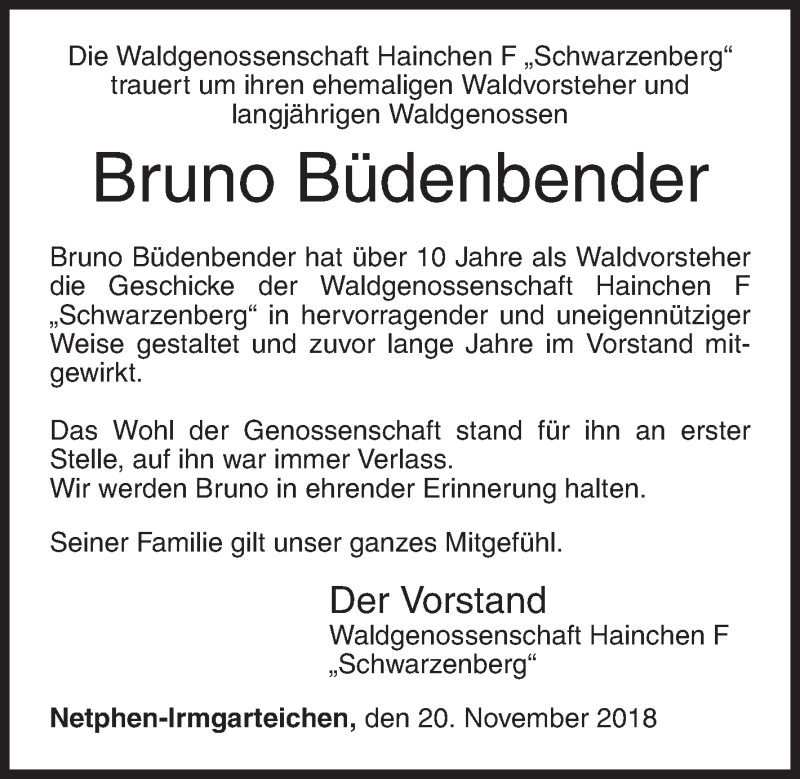  Traueranzeige für Bruno Büdenbender vom 20.11.2018 aus Siegener Zeitung