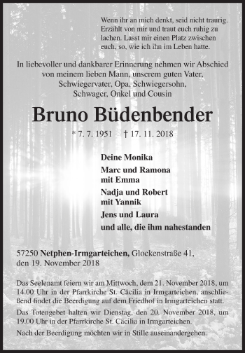 Traueranzeige von Bruno Büdenbender von Siegener Zeitung