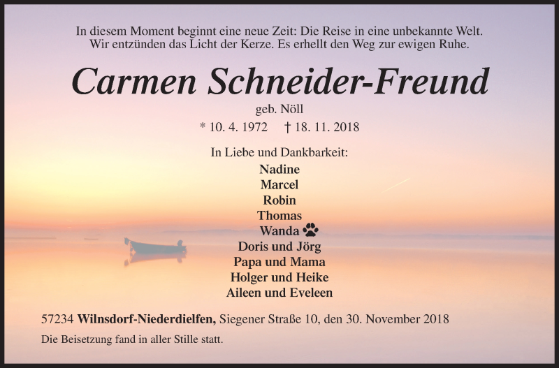  Traueranzeige für Carmen Schneider-Freund vom 30.11.2018 aus Siegener Zeitung