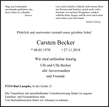 Traueranzeige von Carsten Becker von Siegener Zeitung