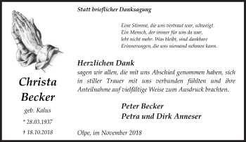 Traueranzeige von Christa Becker von Siegener Zeitung