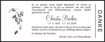 Traueranzeige von Christa Becker von Siegener Zeitung