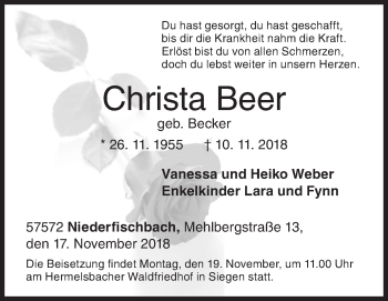 Traueranzeige von Christa Beer von Siegener Zeitung