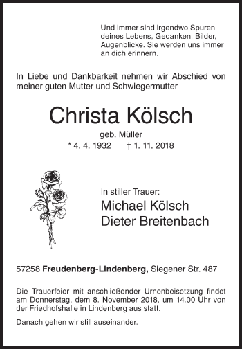 Traueranzeige von Christa Kölsch von Siegener Zeitung
