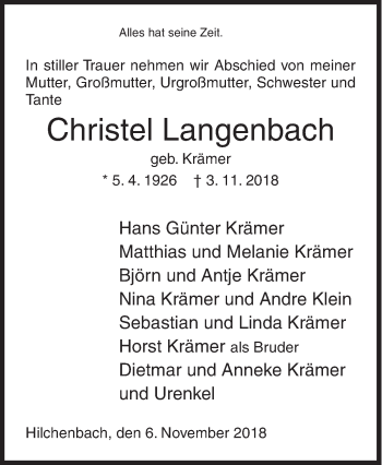 Traueranzeige von Christel Langenbach von Siegener Zeitung