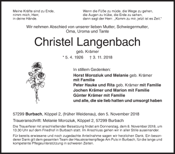 Traueranzeige von Christel Langenbach von Siegener Zeitung