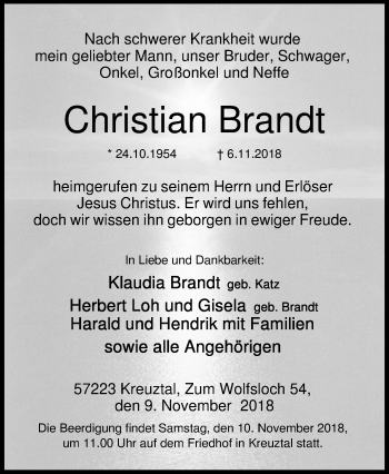 Traueranzeige von Christian Brandt von Siegener Zeitung