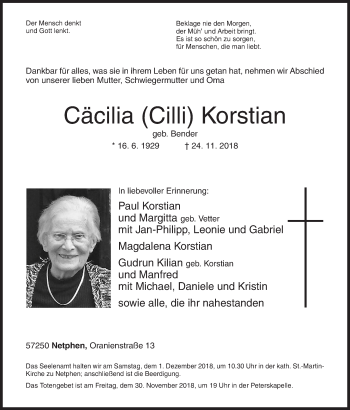 Traueranzeige von Cäcilia Korstian von Siegener Zeitung