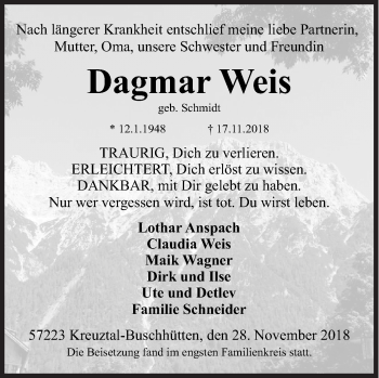 Traueranzeige von Dagmar Weis von Siegener Zeitung